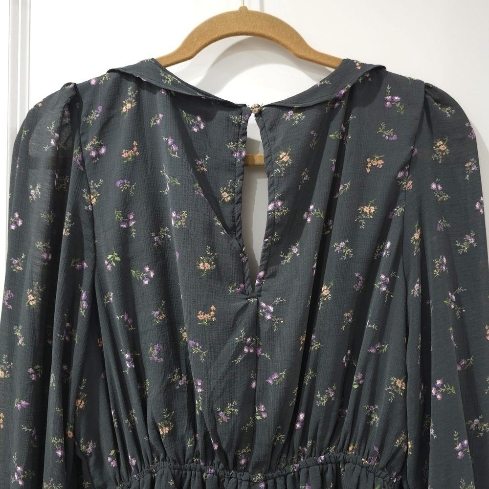 AMERICAN EAGLE Floral Mini Dress Vneck Ruffle Collar Gray Purple Cottage Core L - Picture 10 of 16